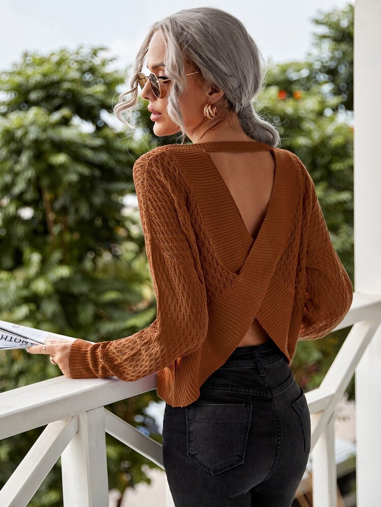 V Back Drop Shoulder Sweater | SHEIN