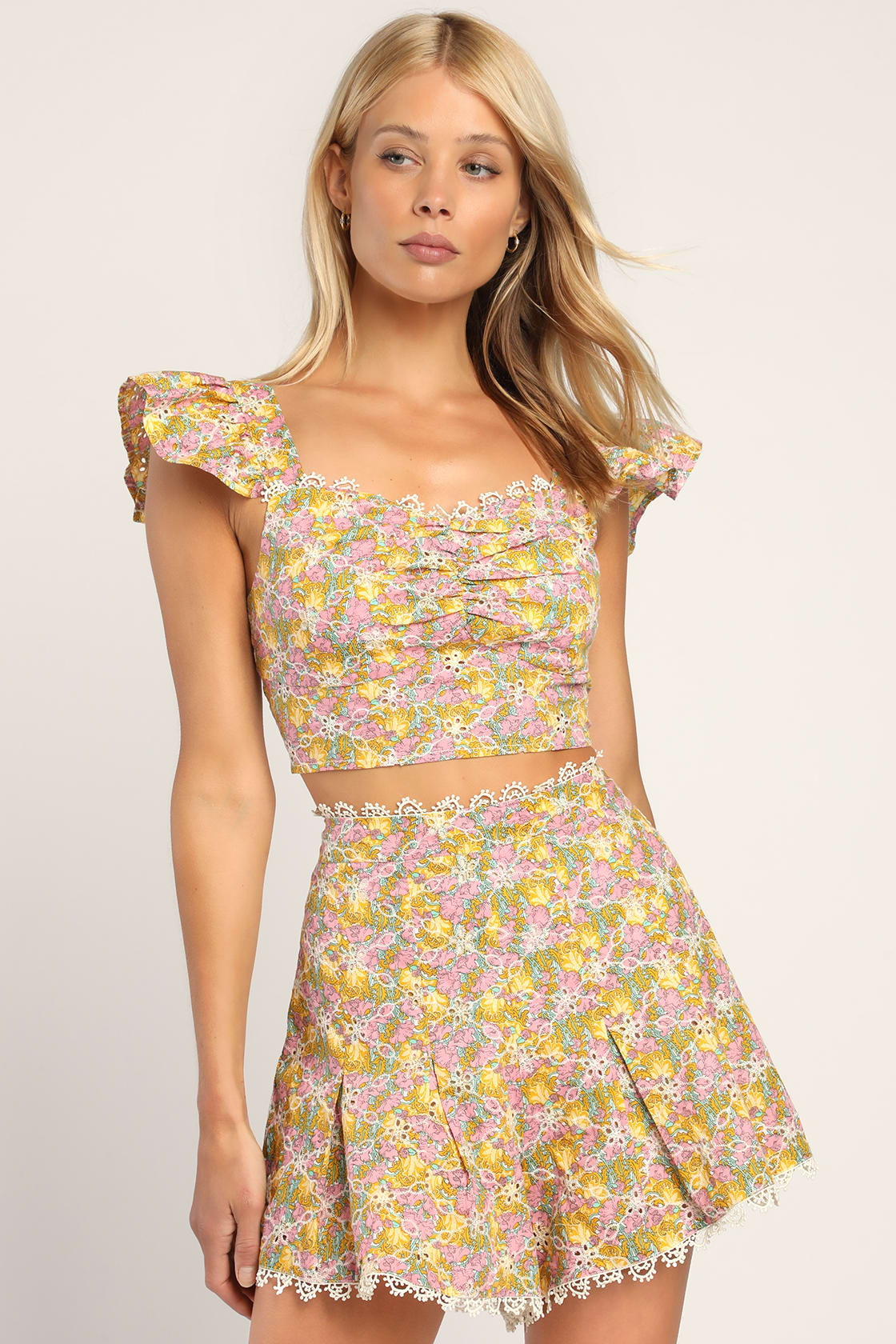 Sweeter than Ever Yellow Floral Eyelet Lace High-Waisted Shorts | Lulus (US)