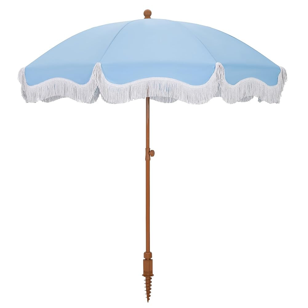 HERA'S PALACE 7ft Heavy Duty Beach Umbrella with Sand Anchor, Fringe Umbrella for Sand, UV 50+, P... | Amazon (US)