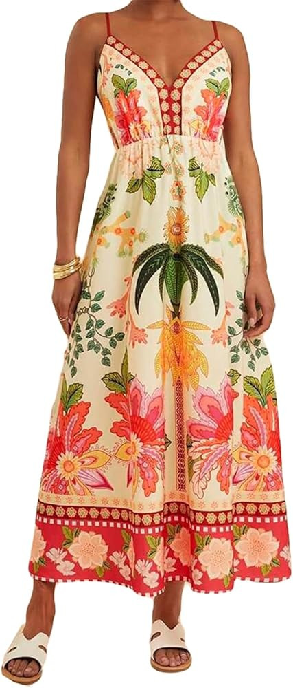 Qikaka Women's Spaghetti Strap V Neck Printed A-Line Sexy Nightclub Party Beach Holiday Dress | Amazon (US)