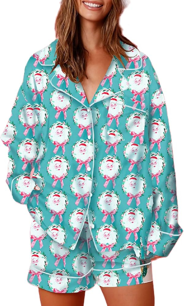Faretumiya Women 2 Piece Christmas Pajamas Set Bow Tie Long Sleeve Shirt Ruffle Shorts Colorful S... | Amazon (US)