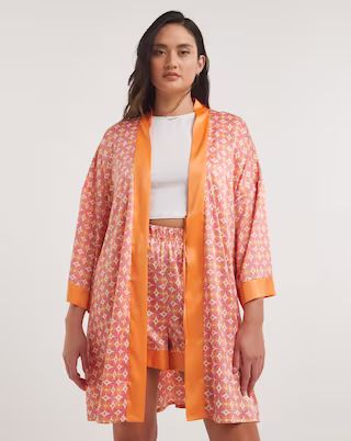 Chelsea Peers Woven Satin Retro Tile Kimono & Shorts Pyjama Set | Simply Be (UK)