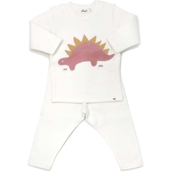 Blush Stegosaurus Applique Two Piece Set, Cream | Maisonette