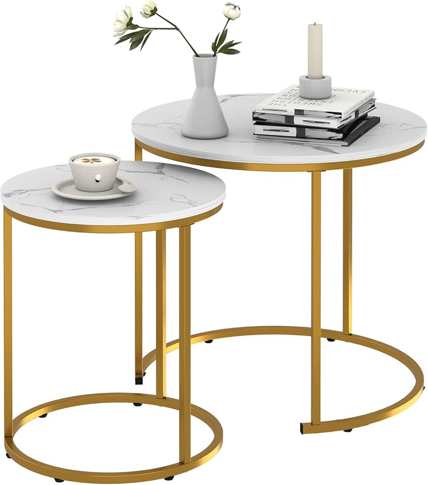 White Marble Nesting Coffee Table for Small Place 24 in 2 Sets High Side End Sofa Table Nightstan... | Amazon (US)