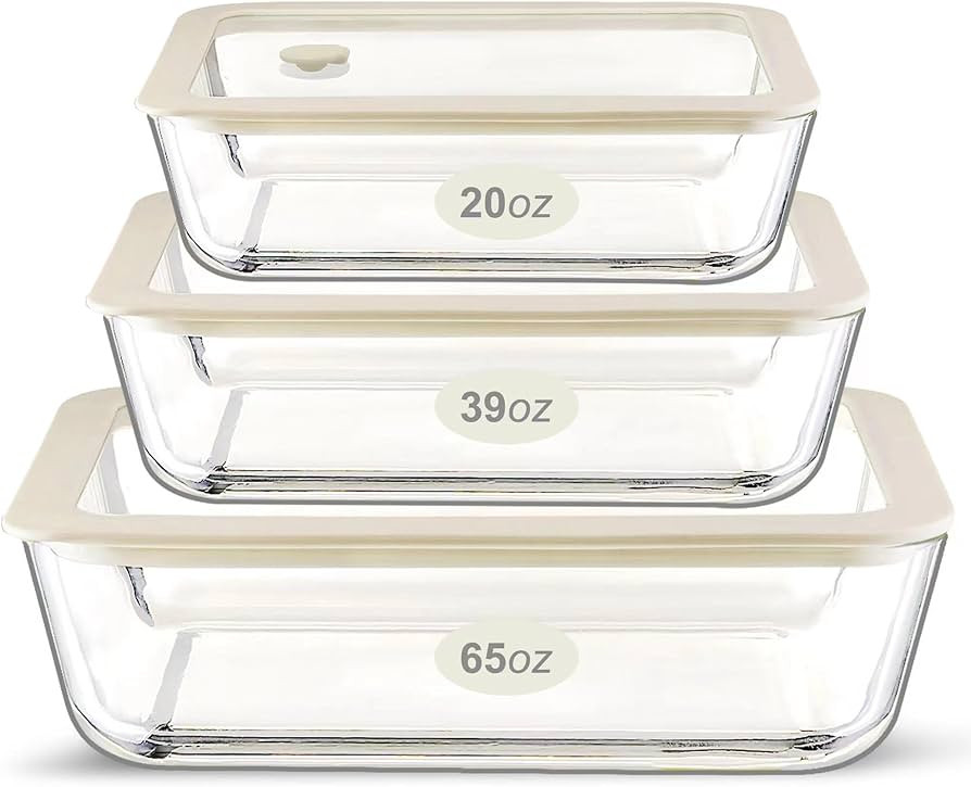 Glass Food Container Set with Glass Lid, Large Size 3 Pack, Glass Food Storage Containers with Si... | Amazon (US)