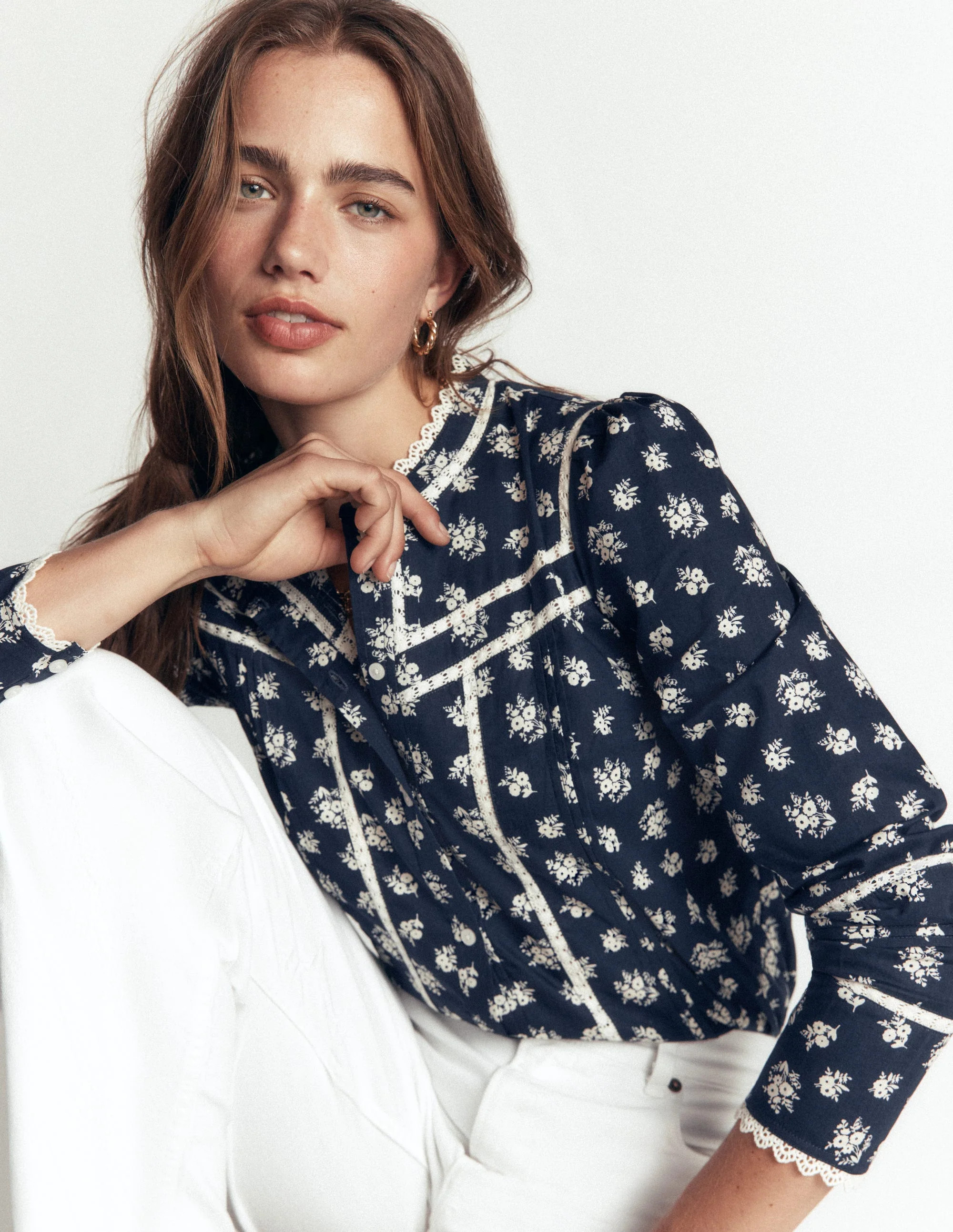 Carmen Lace Trim Cotton Top-French Navy, Delicate Garden | Boden (US)