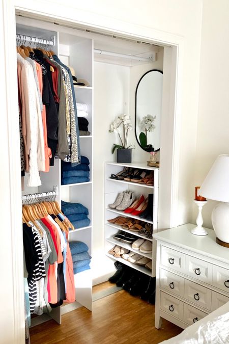 Gorgeous closet using a pre-made system and three shoe shelves (one is upside down!) Decor makes the closet feel like part of the bedroom. 

#LTKhome