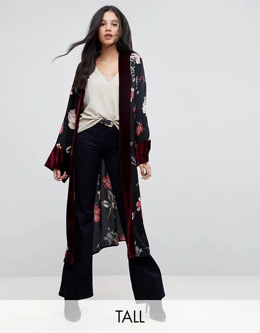 Kiss The Sky Tall Maxi Kimono In Floral With Velvet Trim | ASOS UK