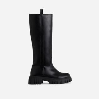 Abby Chunky Cleated Sole Knee High Long Biker Boot In Black Faux Leather | EGO Shoes (US & Canada)