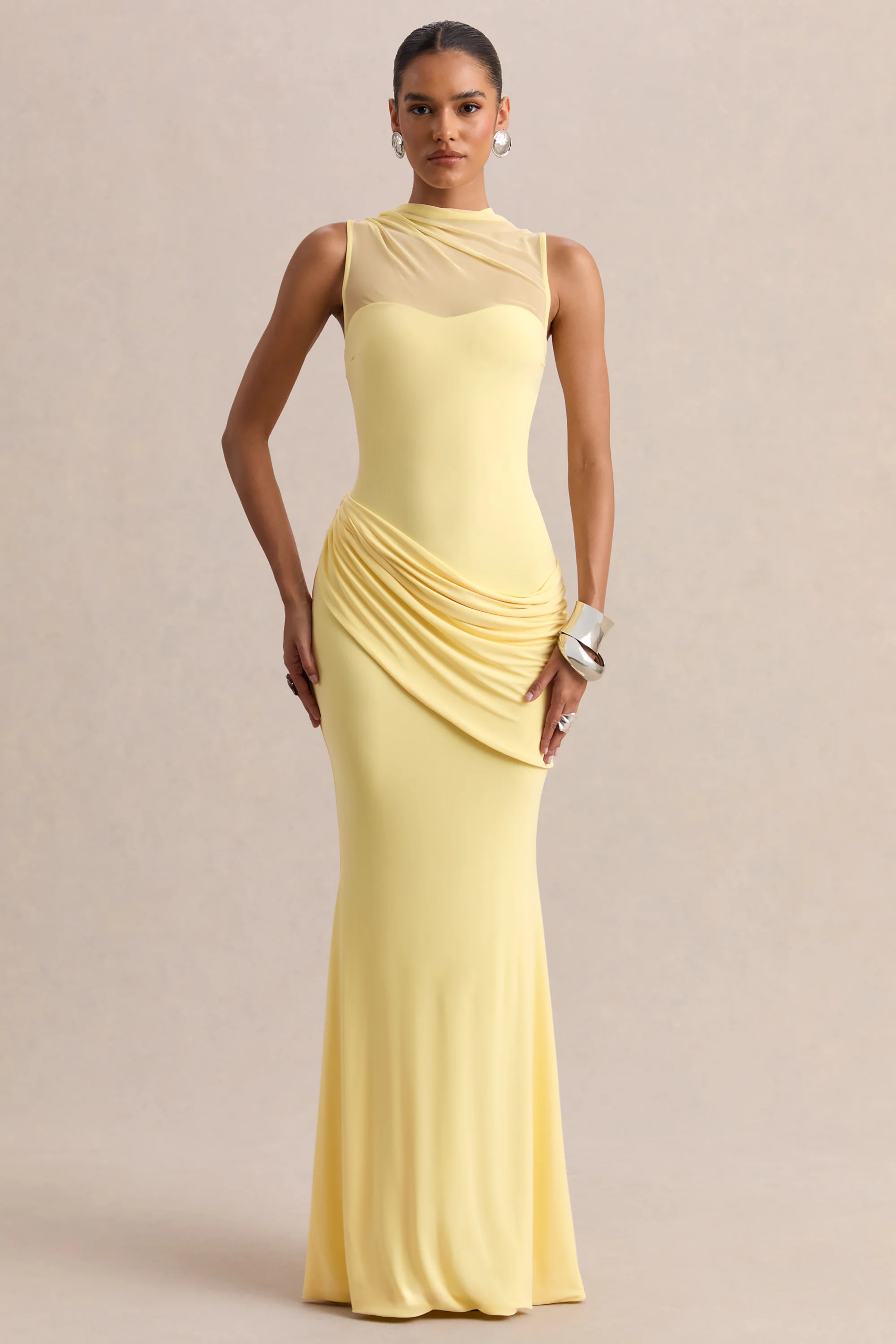 Lyssy | Lemon High-Neck Maxi Dress With Mesh-Detail | Club L London