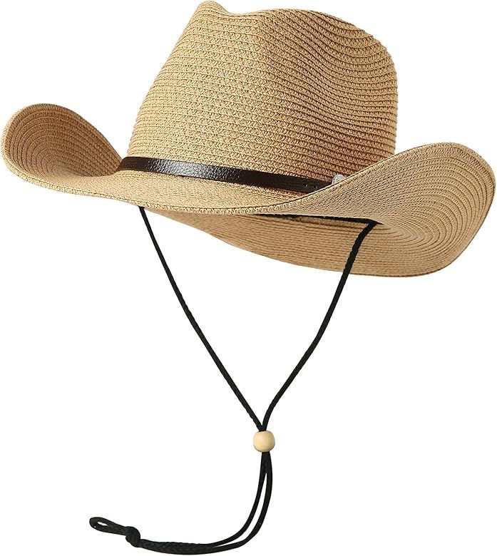 Lanzom Women Men Summer Western Straw Cowboy Cowgirl Hat Shapeable Wide Brim Staw Beach Sun Hat | Amazon (US)