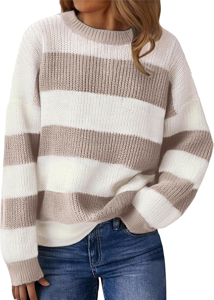 SunnyMelody Womens Cute Color Block Striped Sweater Fall 2025 Pullover Knit Tops - Ribbed Crew Ne... | Amazon (US)