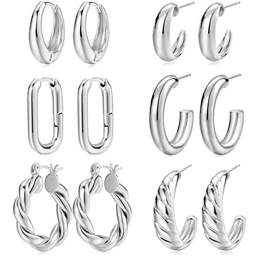 Gold Hoop Earrings Set for Women, 6 Pairs 14K Gold Plated Lightweight Hypoallergenic Chunky Open ... | Amazon (US)