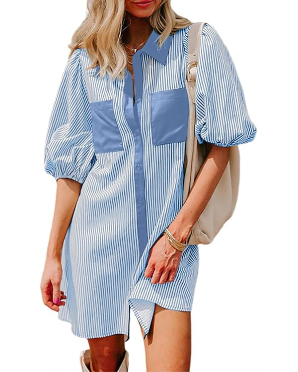 AlvaQ Women Dress Summer 2025 Casual V Neck Short Sleeve Button Down Striped Tunic Dresses with P... | Amazon (US)