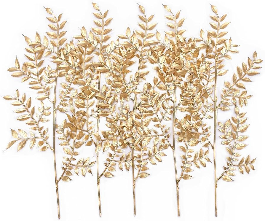 PASYOU Fake Leaves Plants for Christmas Decor, Gold Artificial Shrubs Grass Foliage Plastic Bulk ... | Amazon (US)