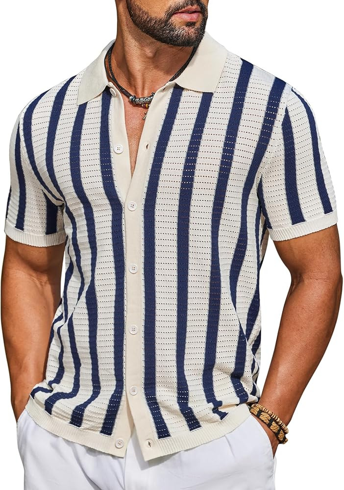 COOFANDY Men's Knit Shirts Short Sleeve Button Down Polo Shirt Striped Casual Summer Beach Shirts | Amazon (US)