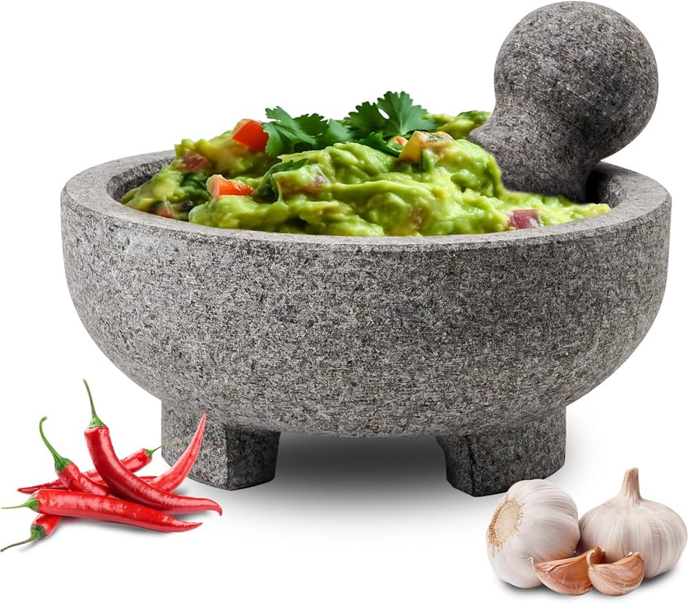 Mortar and Pestle Set, 4 Cup Natural Unpolished Granite Molcajete Mexicano, 8-in Extra Large Guac... | Amazon (US)