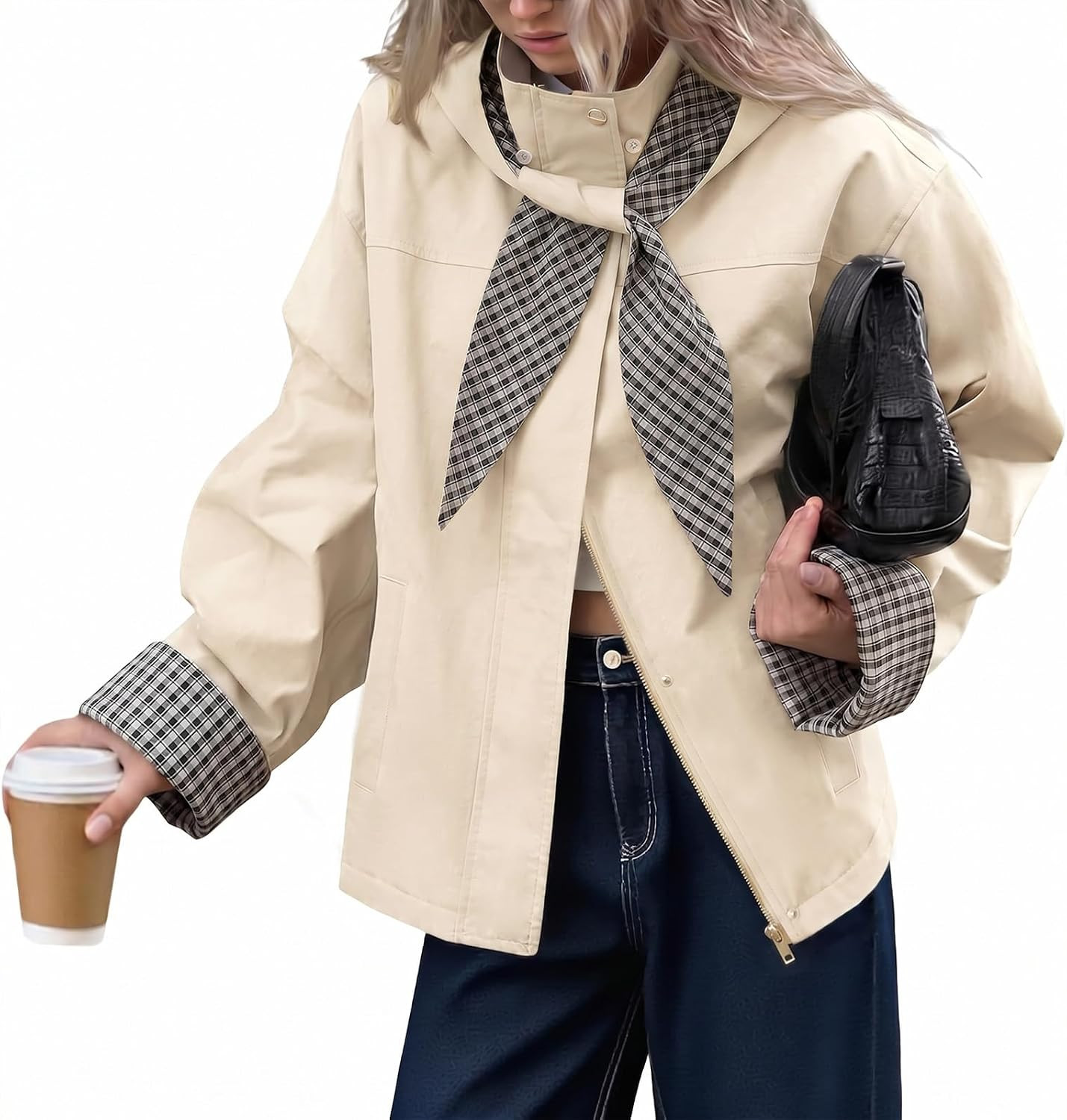 Tankaneo Womens Cropped Trench Coats Fall Jacket with Plaid Detachable Hood | Amazon (US)