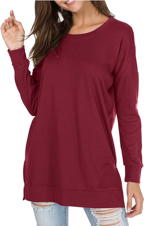 levaca Women's Fall Long Sleeve Side Split Loose Casual Pullover Tunic Tops | Amazon (US)