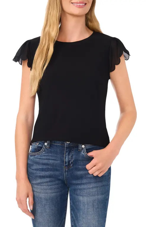 CeCe Scallop Sleeve Mixed Media Top in Rich Black at Nordstrom, Size X-Small | Nordstrom