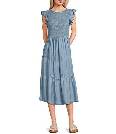 Blu Pepper Chambray Smocked Ruffle Sleeve Tiered Midi Dress - L | Dillard's