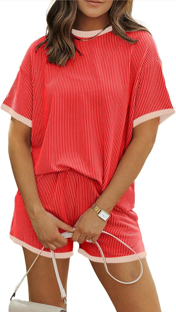 MARZXIN Women's 2 Piece Outfits Summer Tracksuit Ribbed Textured Knit Loose Lounge Shorts Set Sho... | Amazon (US)