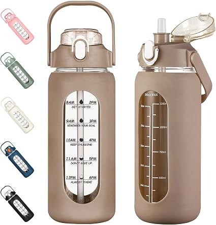 56oz Glass Water Bottles with Straw, Motivational Glass Bottle with Silicone Sleeve and Time Mark... | Amazon (US)