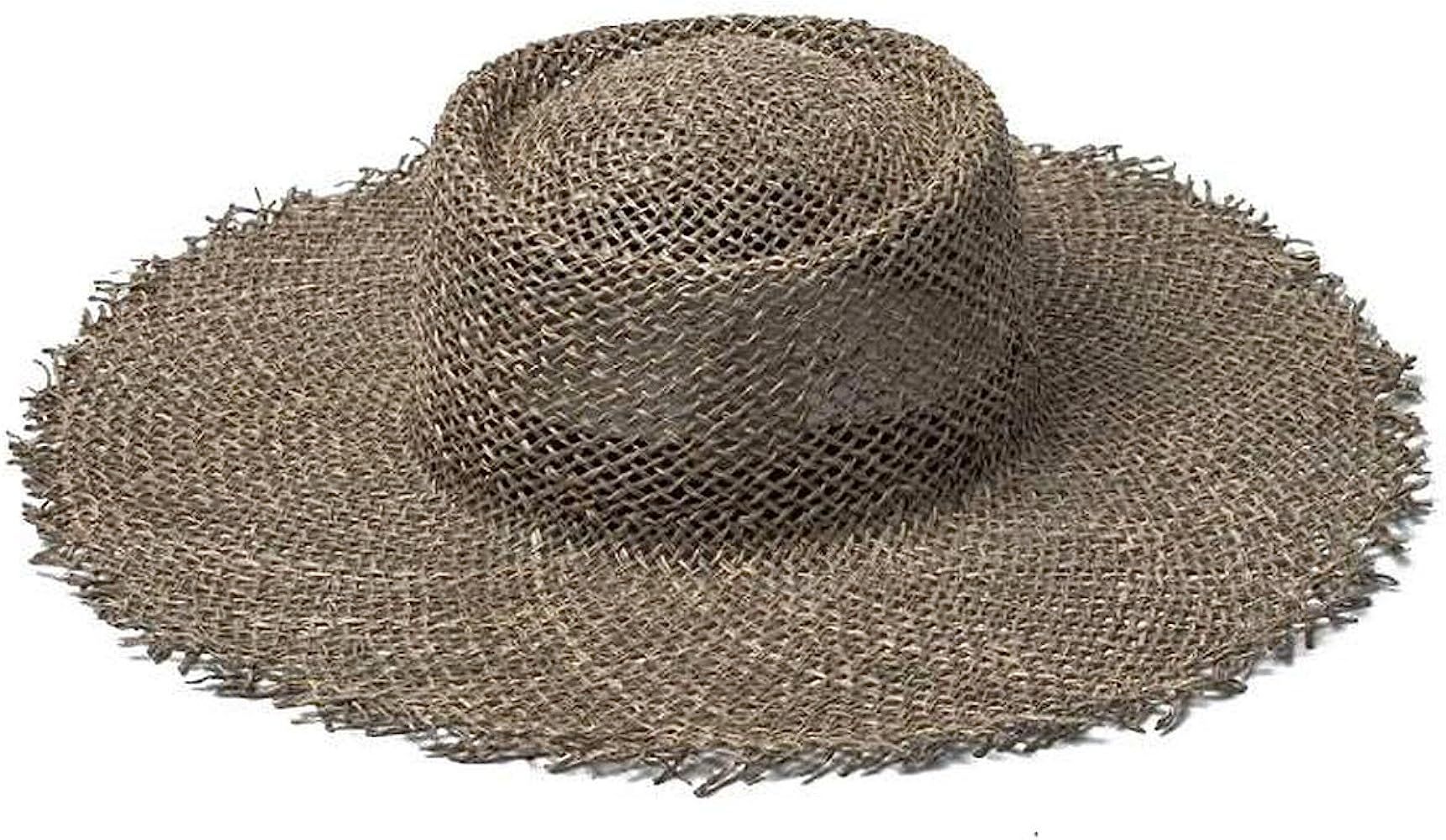 Women Fray Woven Seagrass Boater Hat Casual Sun Beach Hat Cap Wide Brim Summer Sun Hat Straw Hats | Amazon (US)