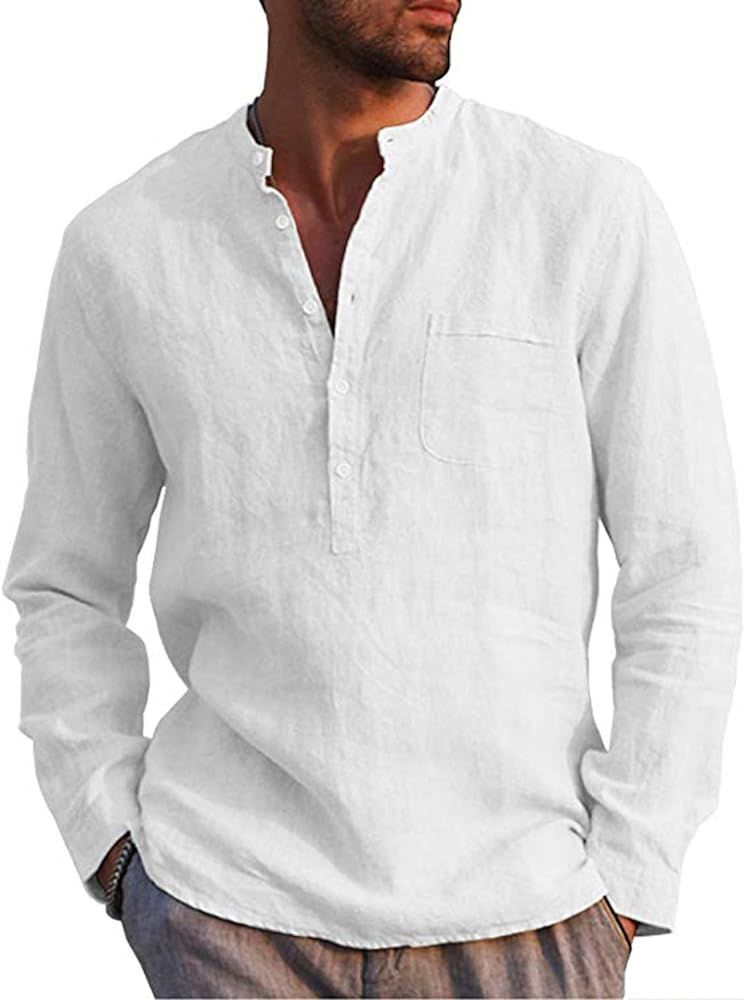 AUDATE Mens Cotton Linen Shirt Casual Long Sleeve Henley Shirt Solid Tops | Amazon (US)