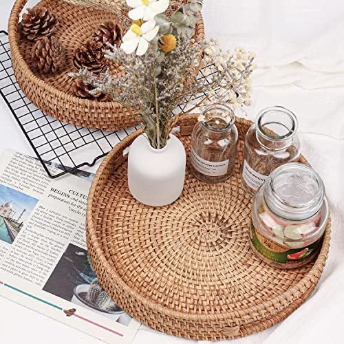 Rattan Round Serving Tray with Handles Large Hand Woven Wicker Basket Tray for Food,Dinner,Breakfast | Amazon (US)