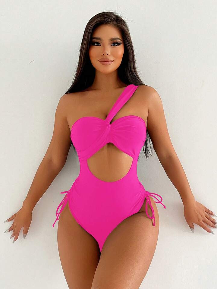 SHEIN Swim Summer Beach Solid Color One Shoulder Hollow Out Side Drawstring One-Piece Swimsuit | SHEIN