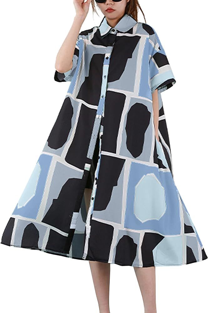 ellazhu Womens Casual Lapel Short Sleeve Oversized Button Down Shirt Dress Collared Tunic Dress G... | Amazon (US)