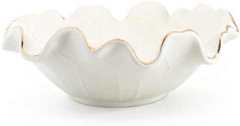 Handcrafted 8" White Ceramic Ruffle Bowl with Gold Trim – Modern Lotus Design, Small Shallow De... | Amazon (US)