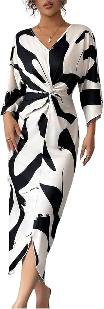 SweatyRocks Women's Twist Front V Neck Long Dress Elegant 3/4 Ruffle Sleeve Cocktail Dresses | Amazon (US)