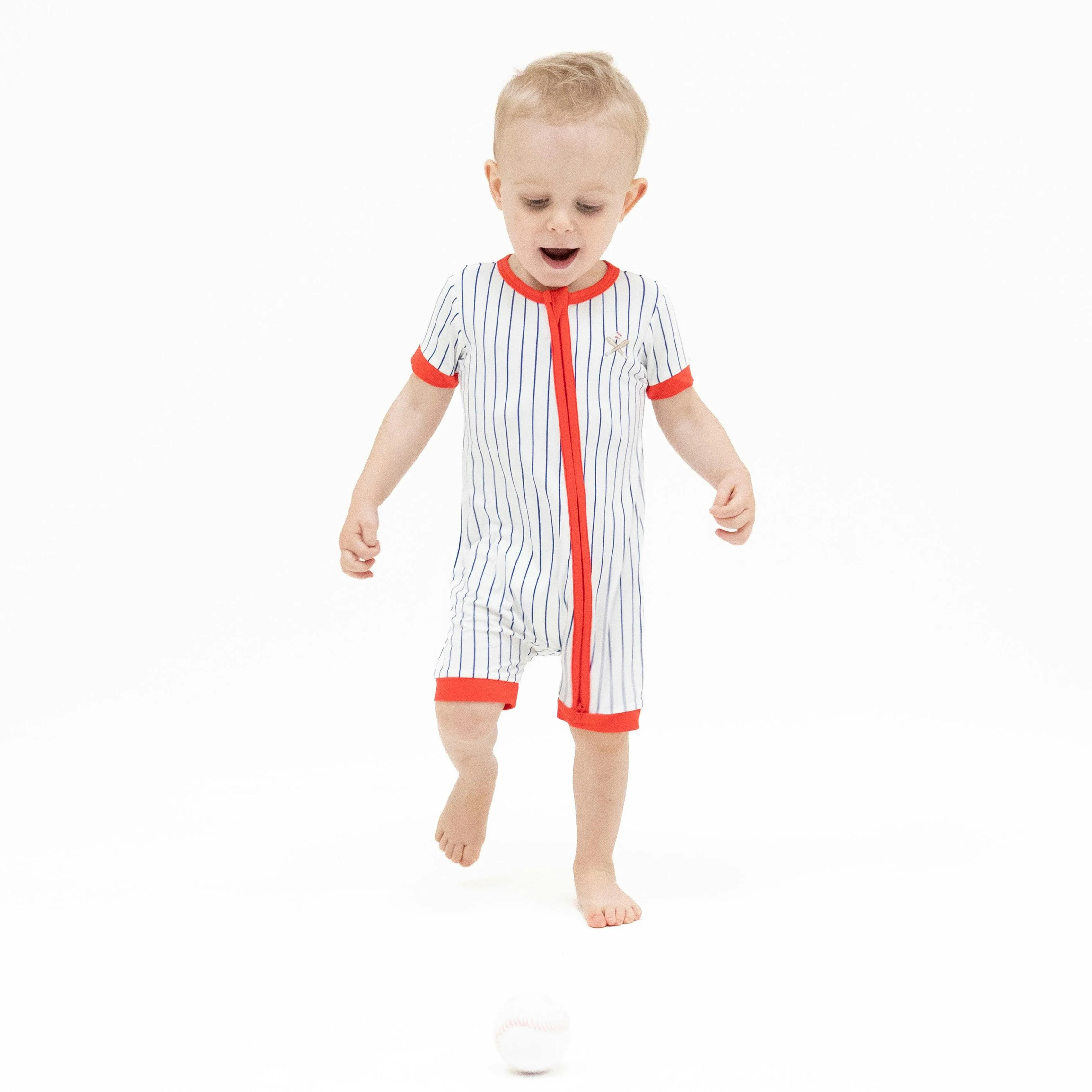 Baseball Stripe - Shortie 2 Way Zipper Romper | Maisonette