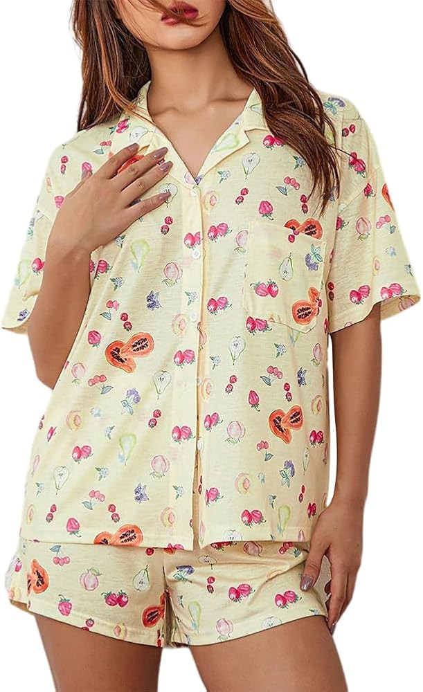 2025 Women 2 Piece Cute Pajamas Set Fruit Printed Pjs Sets for Woman Button up Pajamas for Women ... | Amazon (US)