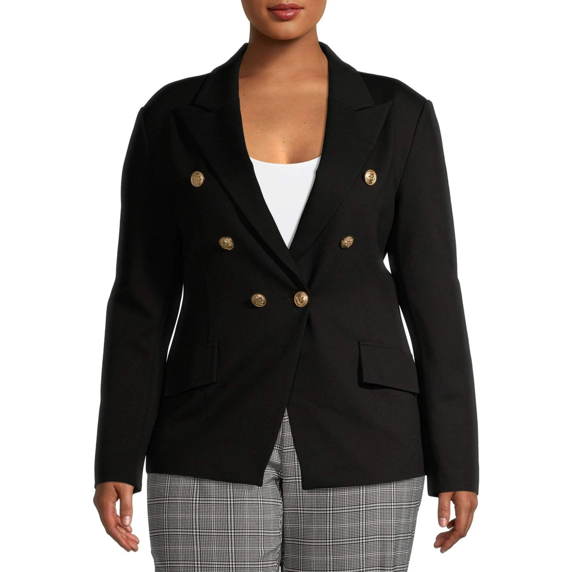 Attitude Unknown Women's Plus Size Ponte Metallic Button Blazer | Walmart (US)