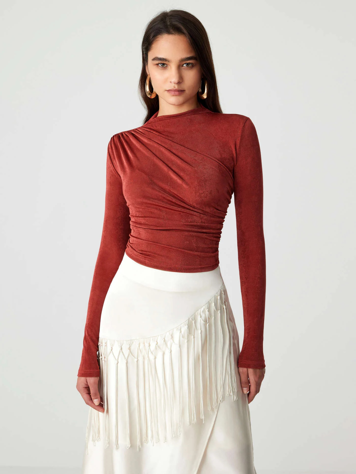 Stand Collar Ruched Long Sleeve Tee | Cider