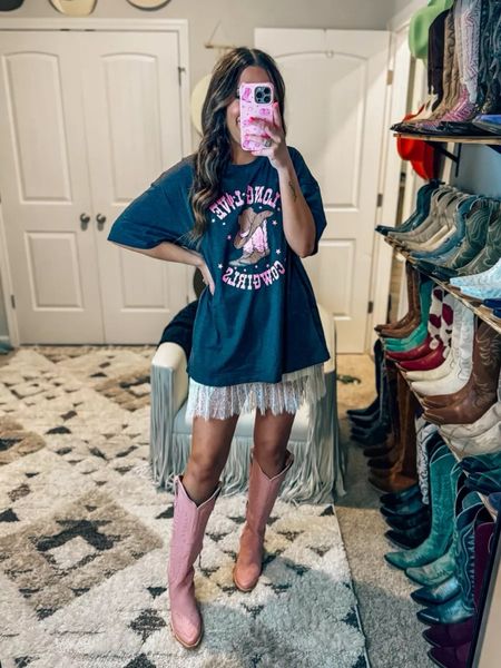 The cutest graphic tee dress paired with lace skirt and pink cowgirl boots! All Amazon fashion finds! 
6/15

#LTKFindsUnder50 #LTKStyleTip #LTKShoeCrush