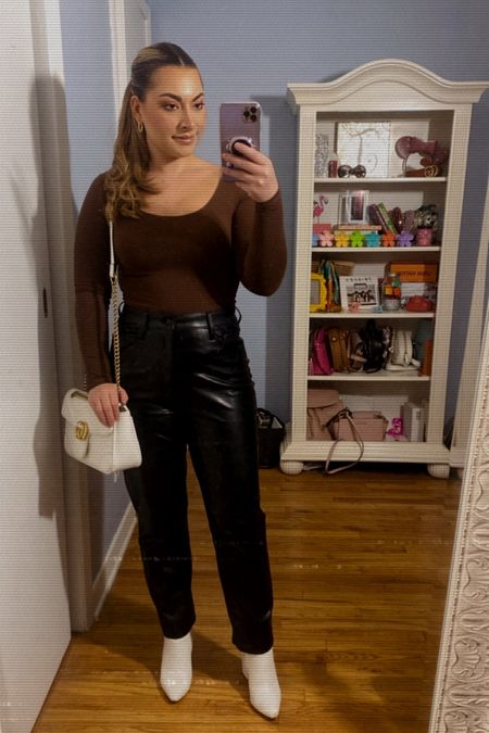 Dinner outfit
- brown bodysuit / soooo similar to the skims bodysuit
- straight leg faux leather pants
- white boots 
- GG inspired bag 

#LTKFind #LTKunder100 #LTKfit