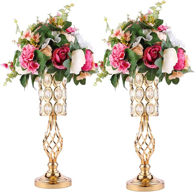 2pcs Metal Wedding Flower Trumpet Vase with Crystal Bead, Table Decorative Centerpiece Height Art... | Amazon (US)