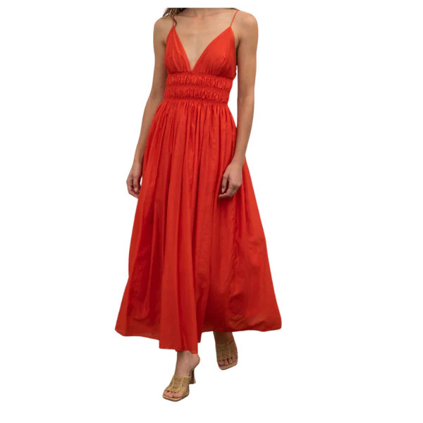 V-Neck Shirred Midi Dress, Red | The Avenue