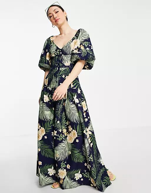 ASOS DESIGN pintuck maxi dress with lace insert in navy floral print | ASOS (Global)