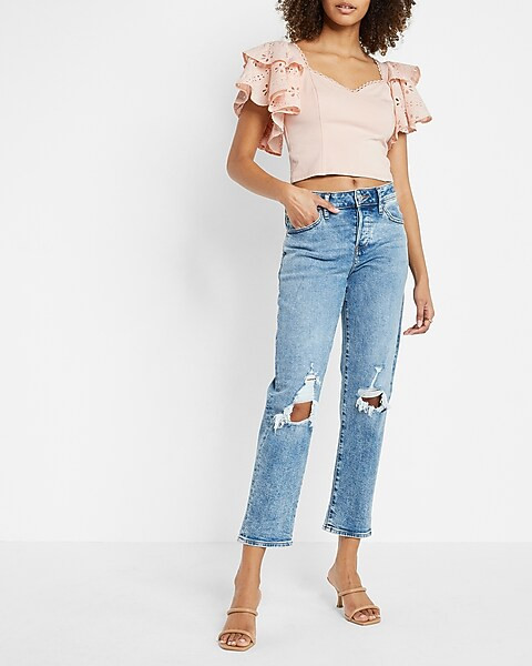 Sweetheart Eyelet Ruffle Sleeve Cropped Top | Express