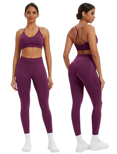 ABOCIW Workout Sets for Women 2 Piece Gym Sets Adjustable Strap V Neck Sports Bra Scrunch Butt Lifting High Waist Tummy Control Leggings Yoga Pilates Outfits Athletic Clothes Purple Medium | Amazon (US)