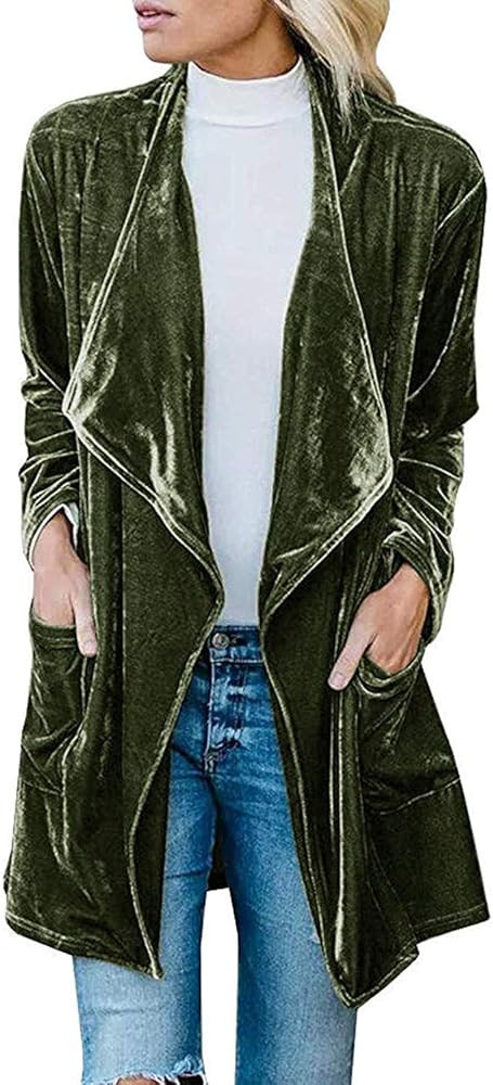 futurino Women's Solid Long Sleeve Velvet Jacket Open Front Cardigan Coat with Pockets Outerwear | Amazon (US)