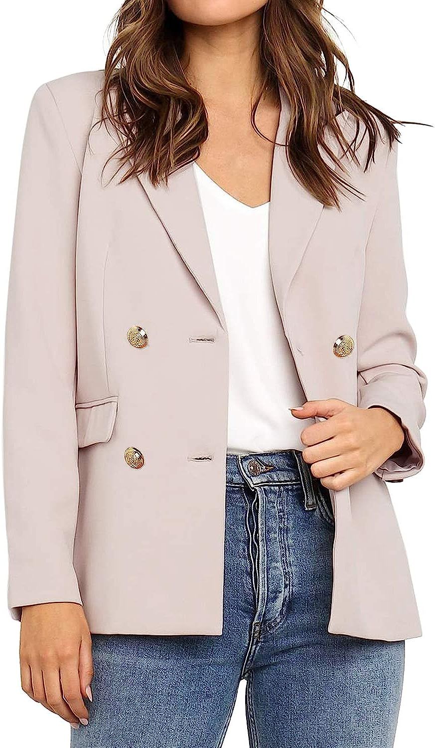 Vetinee Women's Lapel Pocket Blazer Suit Long Sleeve Buttons Work Office Jacket | Amazon (US)