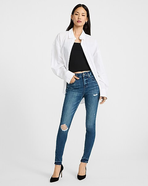 Mid Rise Dark Wash Ripped Skinny Jeans | Express