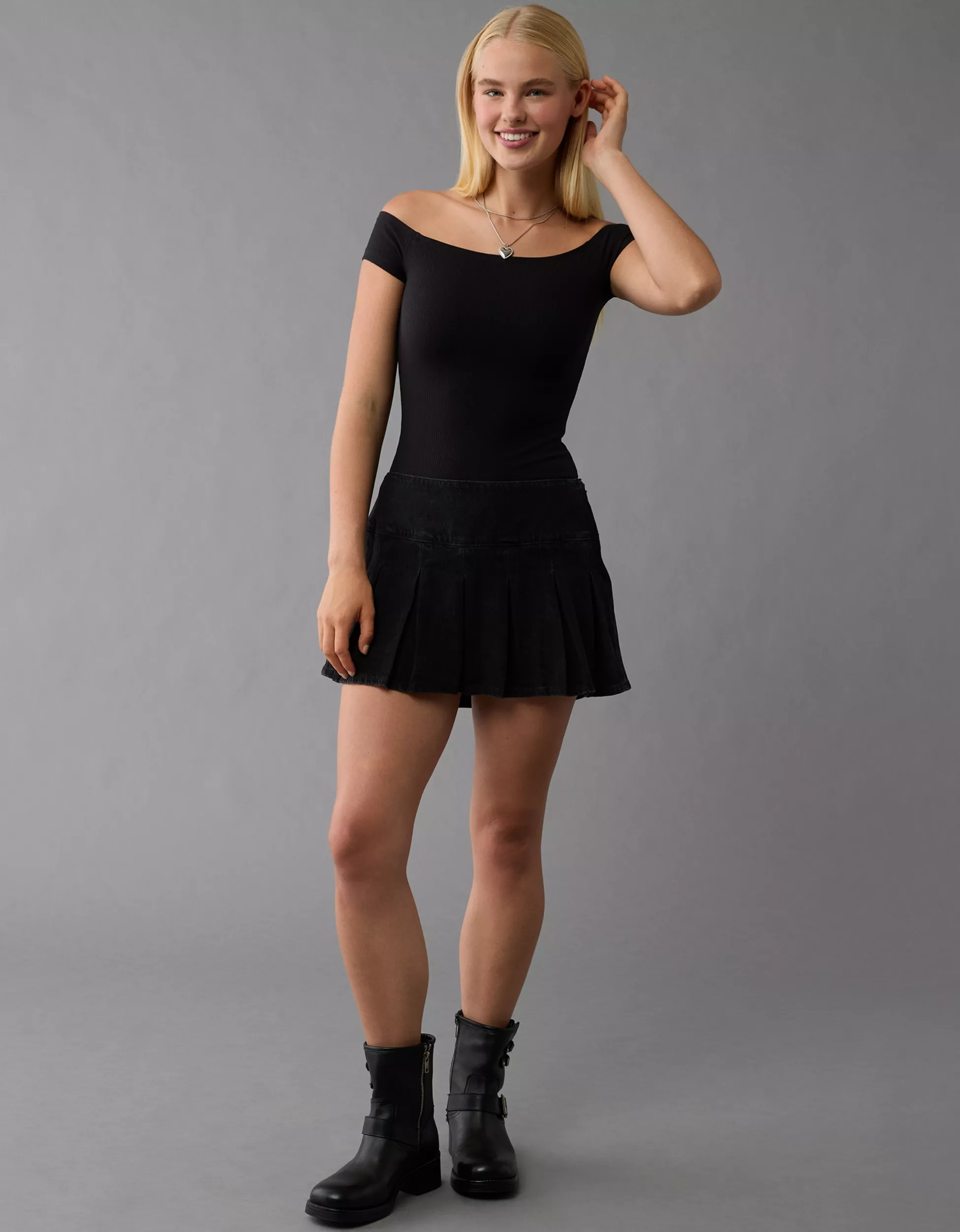 AE High-Waisted Pleated Denim Skort | American Eagle Outfitters (US & CA)