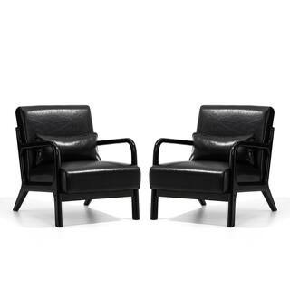Mid-century Modern Black Leatherette Accent Armchair with Walnut rubberwood frame (Set of 2) | The Home Depot